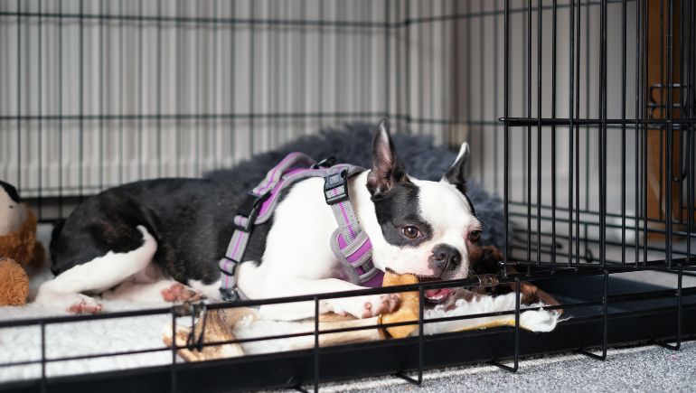 Dog pulling shop blanket into cage